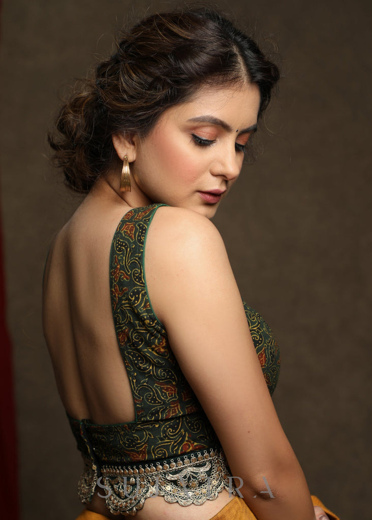 Green Sleeveless Cotton Ajrak Blouse with lace Detailing