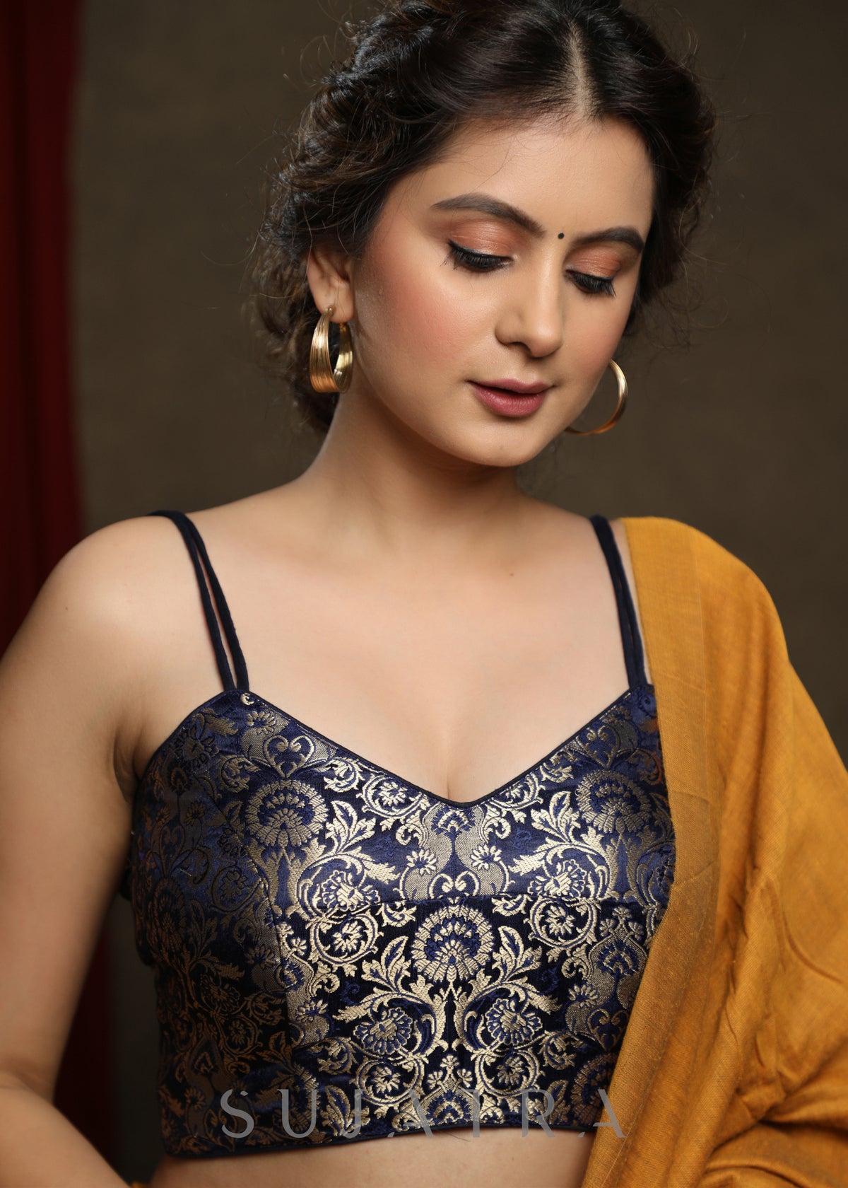 Trendy Navy Blue Brocade Blouse with strap