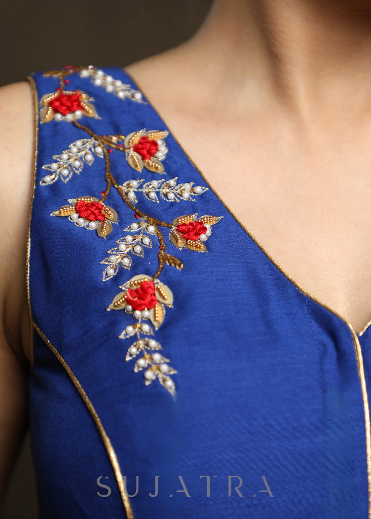 Classsy Blue Hand Embroidered Sleeveless Cotton Silk Blouse