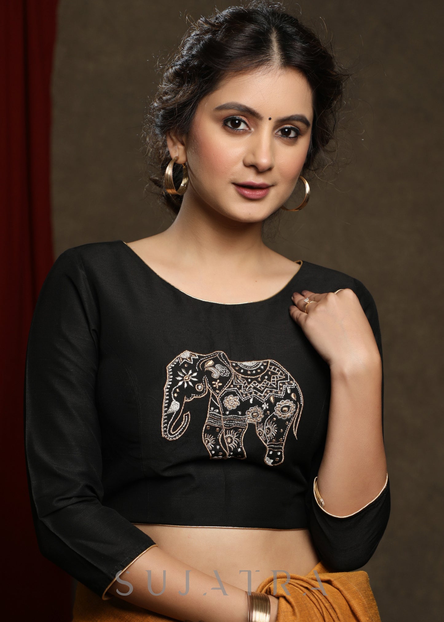 Black Thread Embroiderd Cotton Silk Blouse