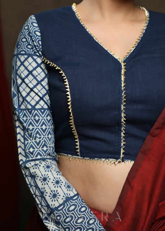 Smart Cotton Indigo Combination Full Sleeve Blouse