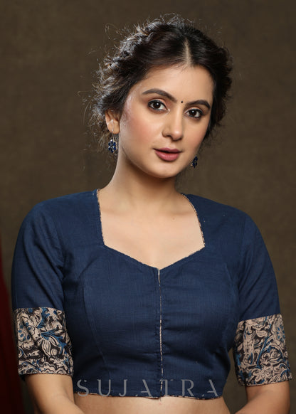 Classy Gond Hand Painting Navy Blue Cotton Kalamkari Combination Blouse