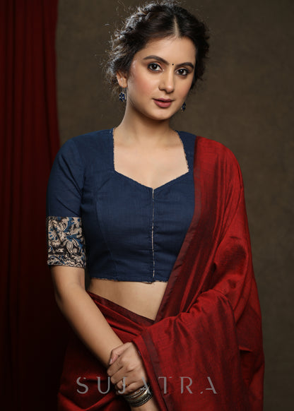 Classy Gond Hand Painting Navy Blue Cotton Kalamkari Combination Blouse