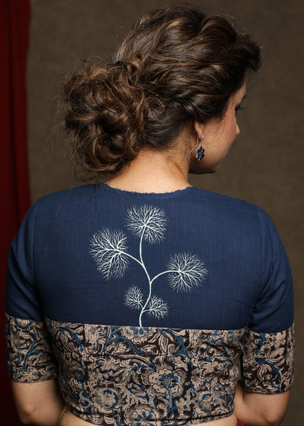 Classy Gond Hand Painting Navy Blue Cotton Kalamkari Combination Blouse