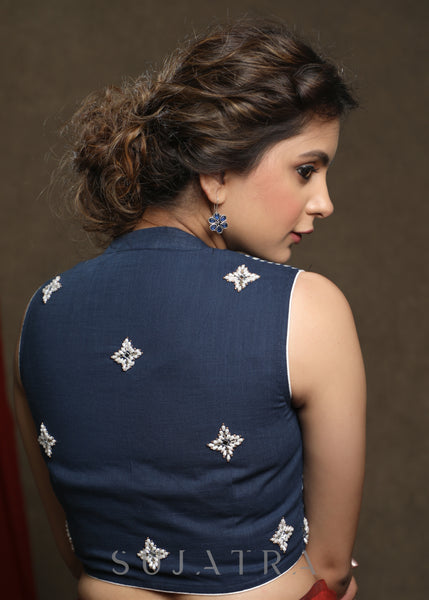 Pearl Hand Embroidered Cotton Indigo Blouse