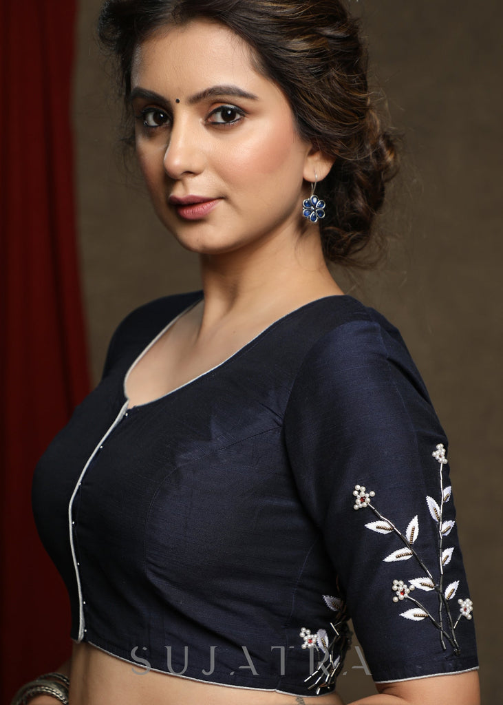 Hand Embroidered Navy Blue Cotton Silk Blouse