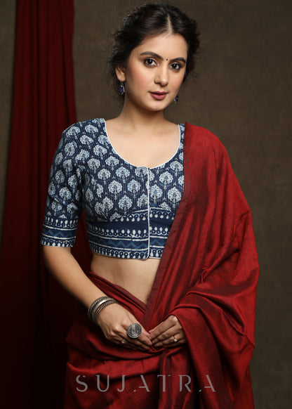 Stylish Cotton Indigo Combination Blouse