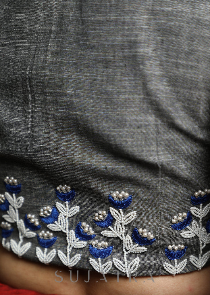 Stylish Hand Embroidered Grey Cotton Blouse