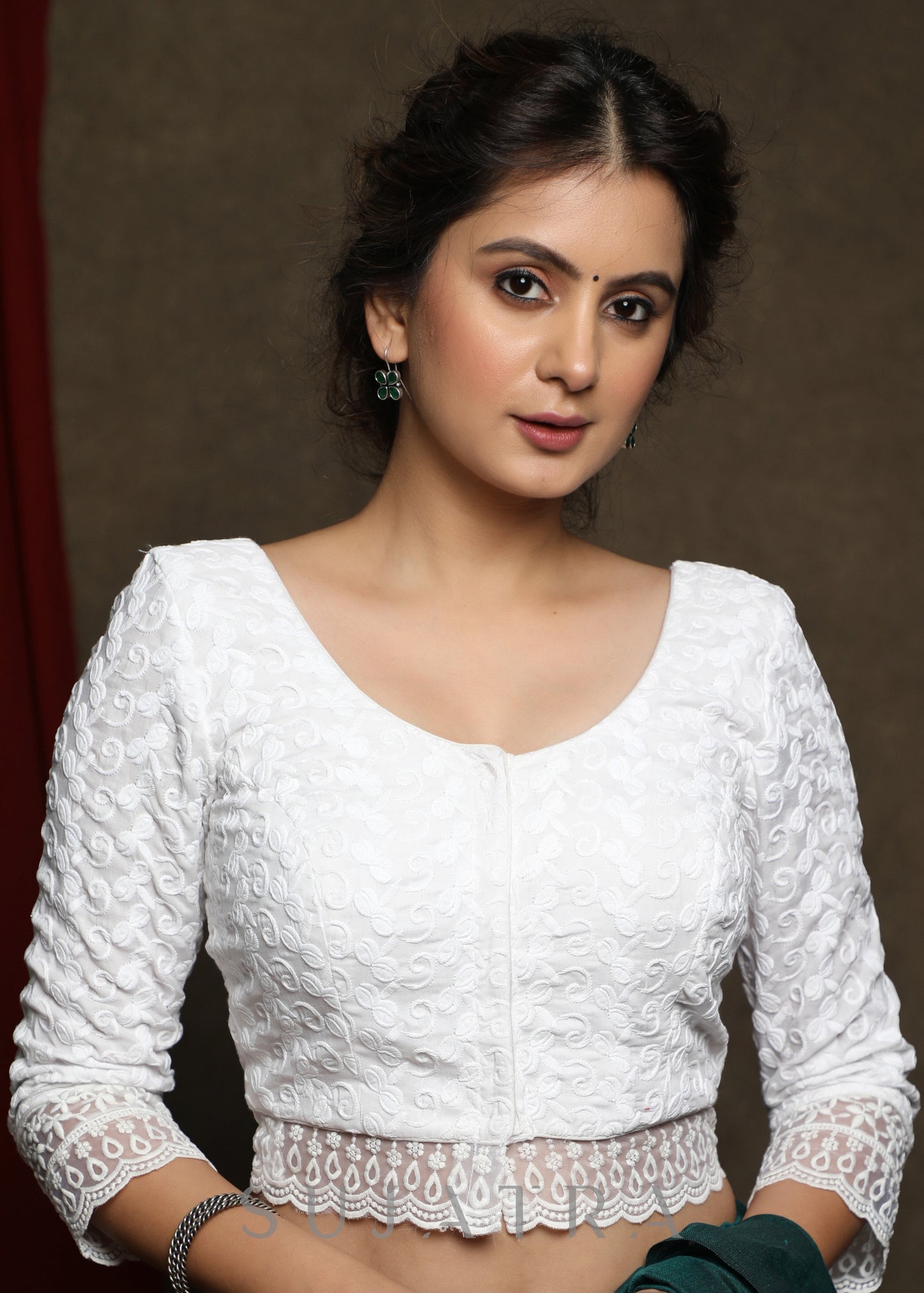 White embroidered three fourth sleeve blouse - Optional Plain Saree