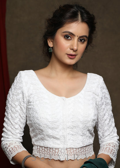 White embroidered three fourth sleeve blouse - Optional Plain Saree