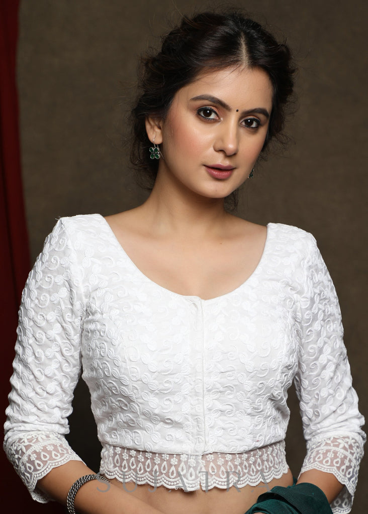 White embroidered three fourth sleeve blouse - Optional Plain Saree