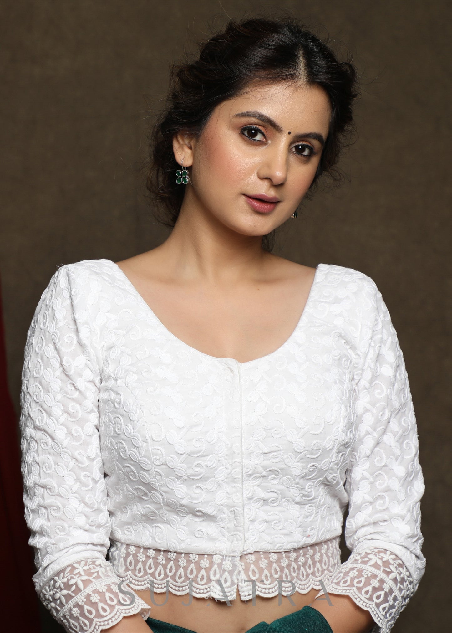 White embroidered three fourth sleeve blouse - Optional Plain Saree