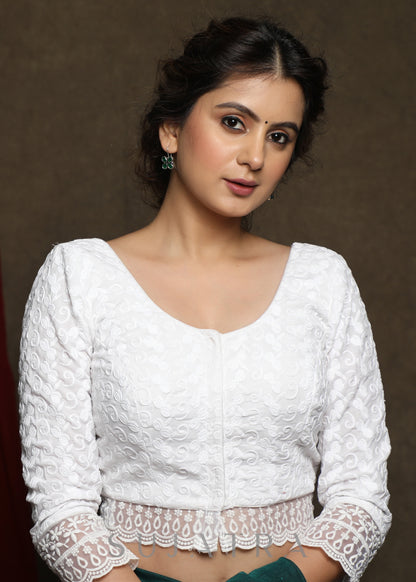 White embroidered three fourth sleeve blouse - Optional Plain Saree