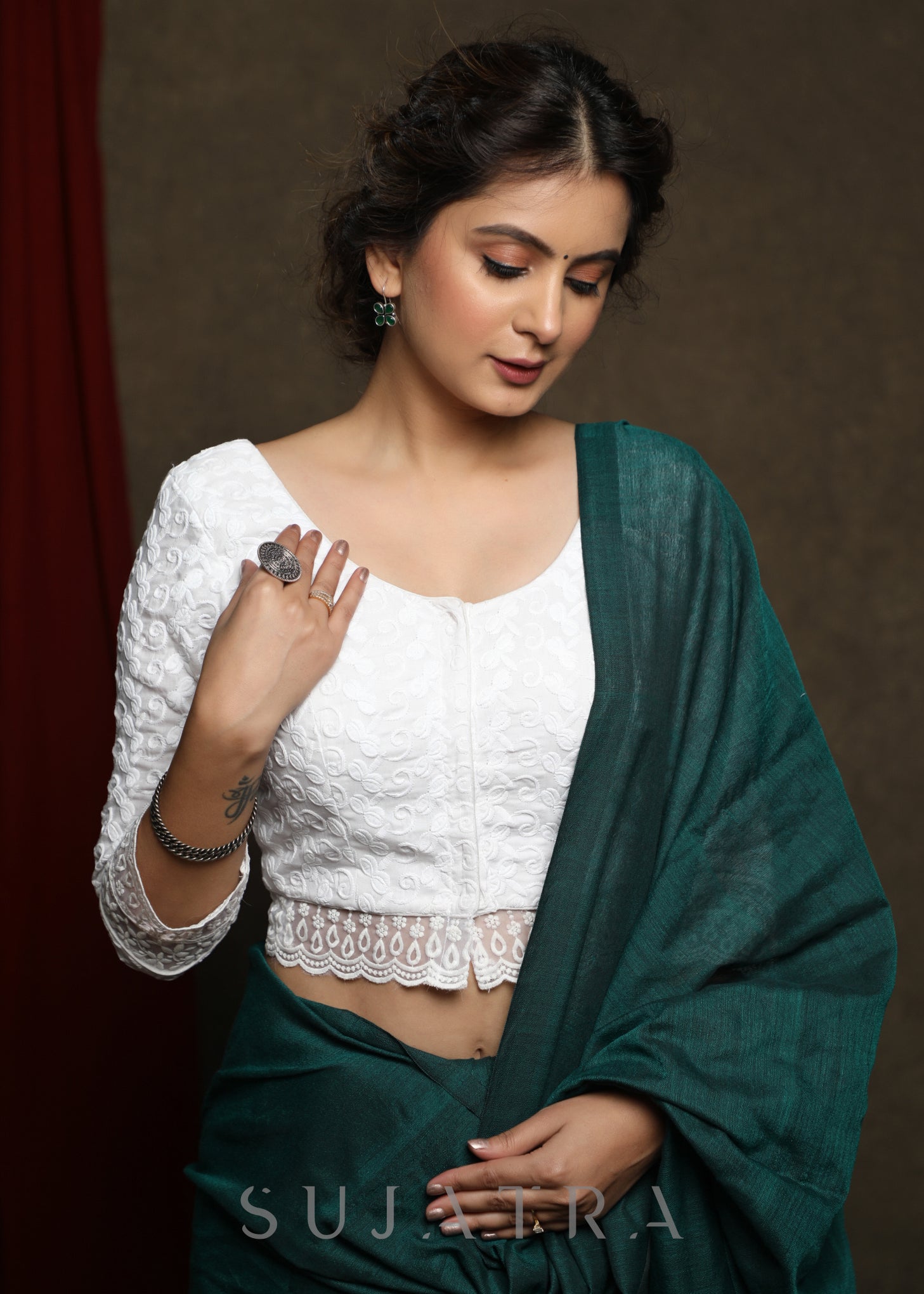 White embroidered three fourth sleeve blouse - Optional Plain