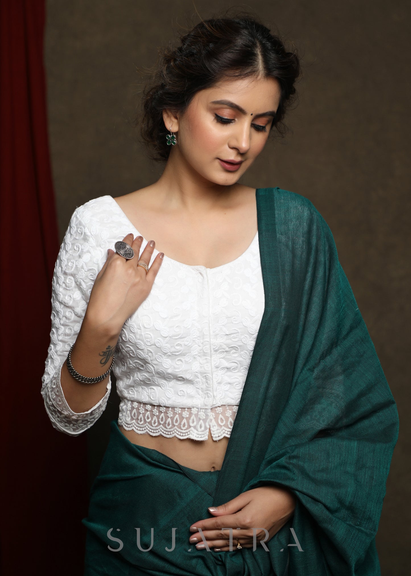 White embroidered three fourth sleeve blouse - Optional Plain Saree