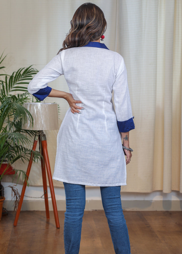 Striking Blue Handpainting on Off white Tunic