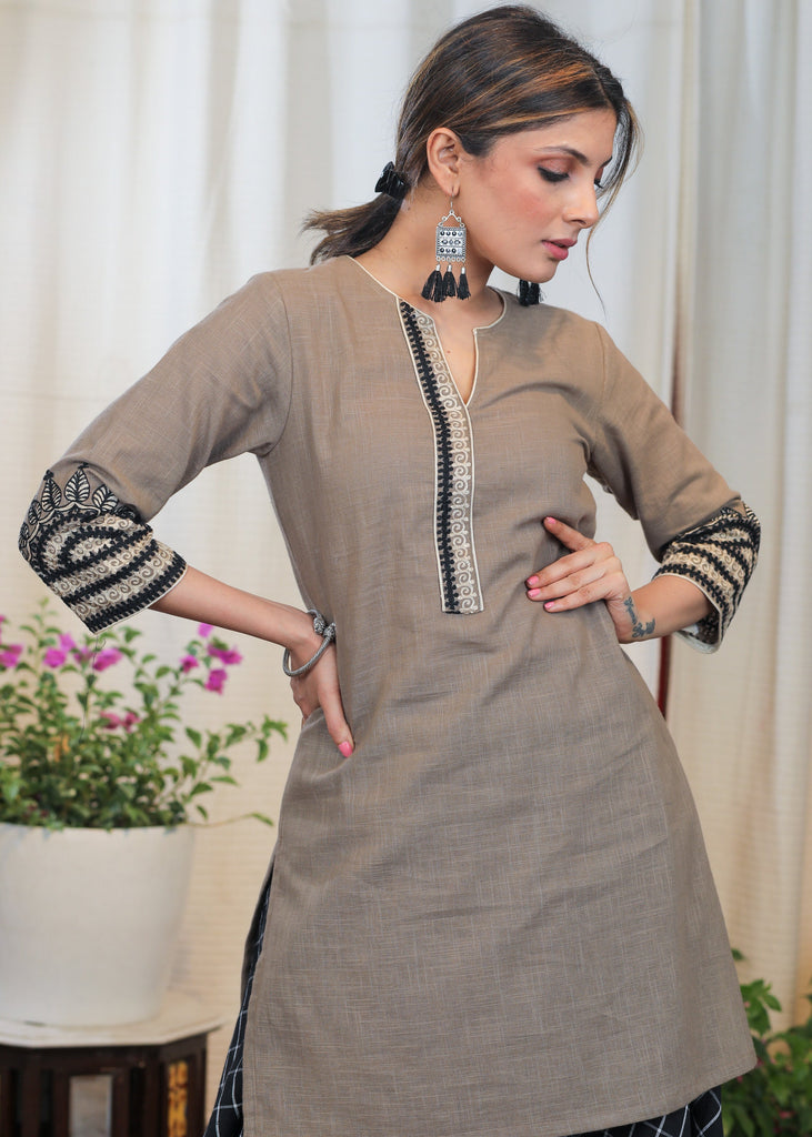 Cement Colour Cotton Tunic with beautiful Fine embroidery pattern