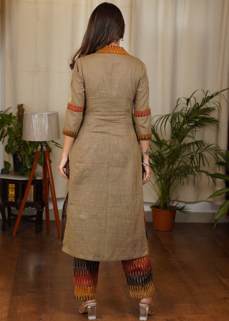 Smart Straight Cut Cotton Ikat Combination Kurta With Hand Painted Gond Art On Sleeves And Borders