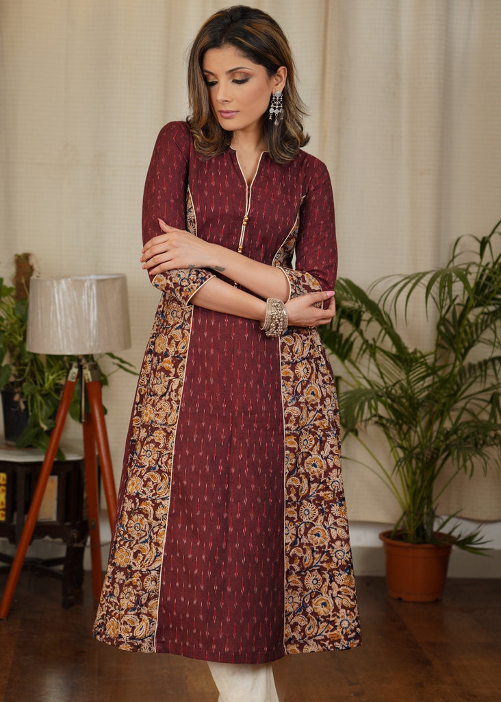 Unique A-Line Cotton Kalamkari and Ikat Combination Kurta with subtle Gold buttons