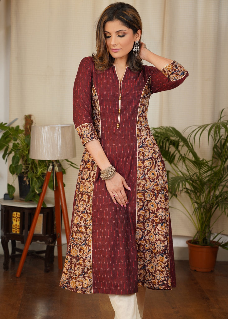 Unique A-Line Cotton Kalamkari and Ikat Combination Kurta with subtle Gold buttons