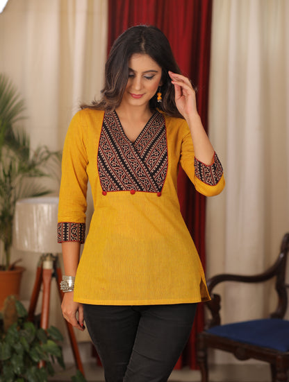 Cotton mustard Top with Border ajrakh combination neck