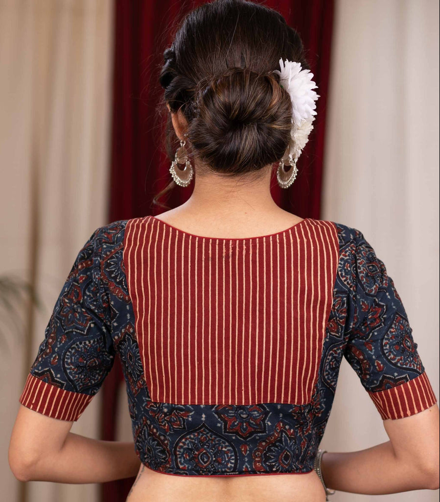 Beautiful navy and maroon ajrakh blouse with stripes combination