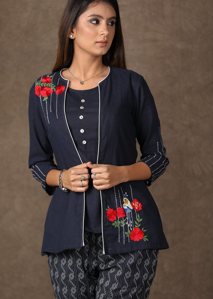Exclusive Cotton Navy Blue Embroidered Shrug