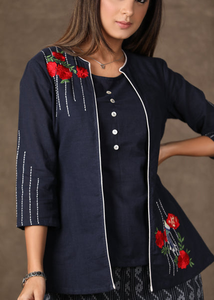 Exclusive Cotton Navy Blue Embroidered Shrug