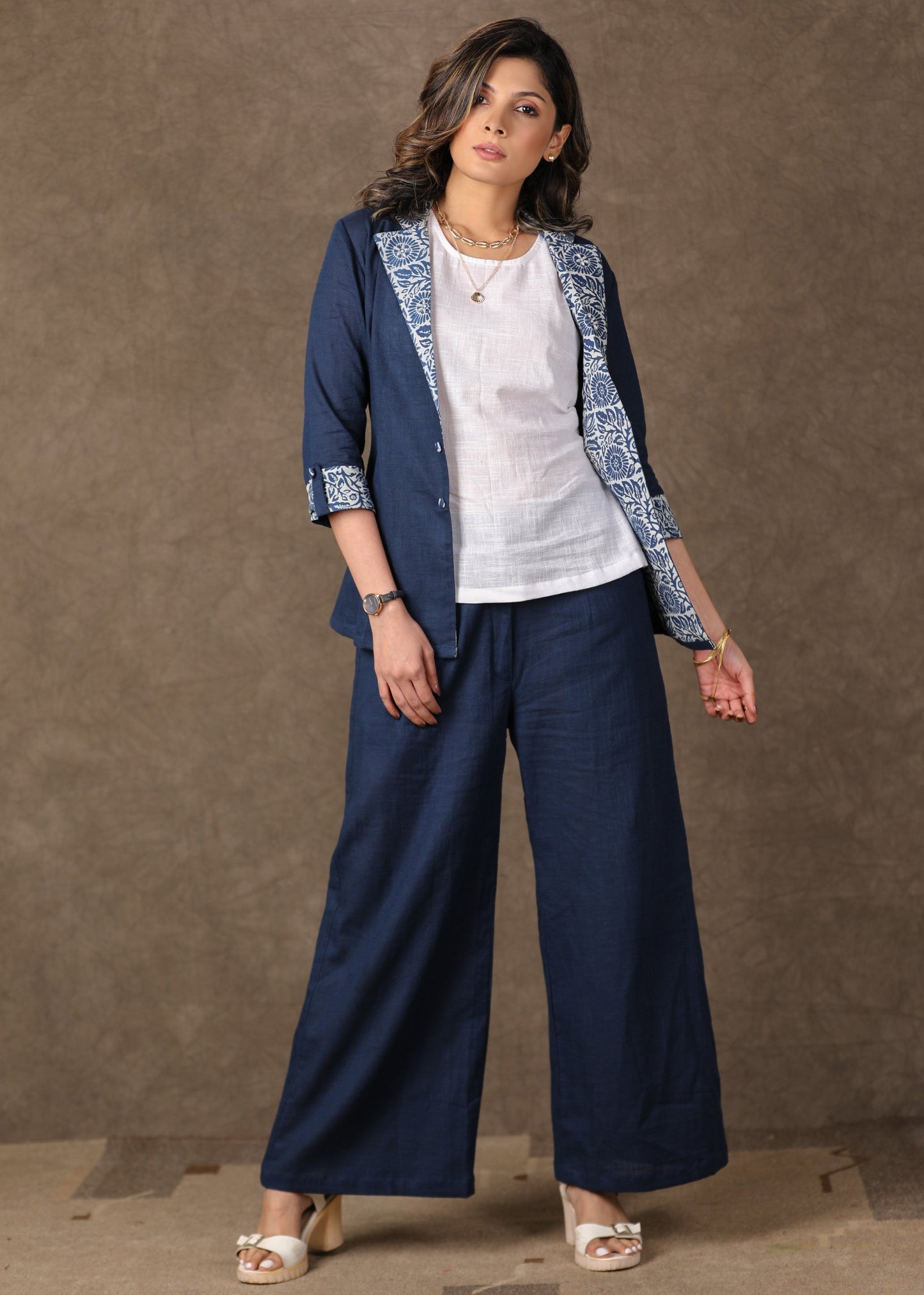 Indigo Blazer Jacket with White Top - 2 Piece (Jacket & Inner Set) Pants Optional