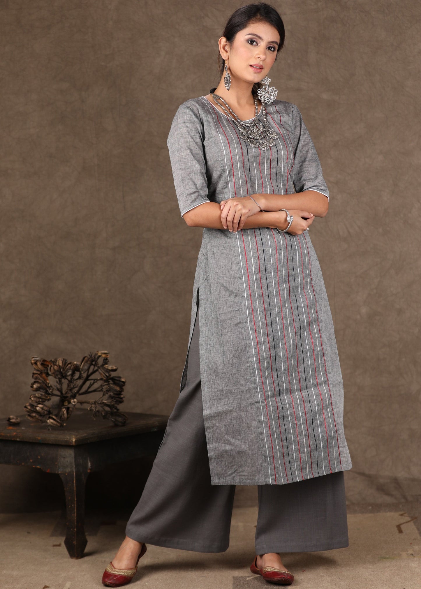 Red Grey Ikat Collared Shrug