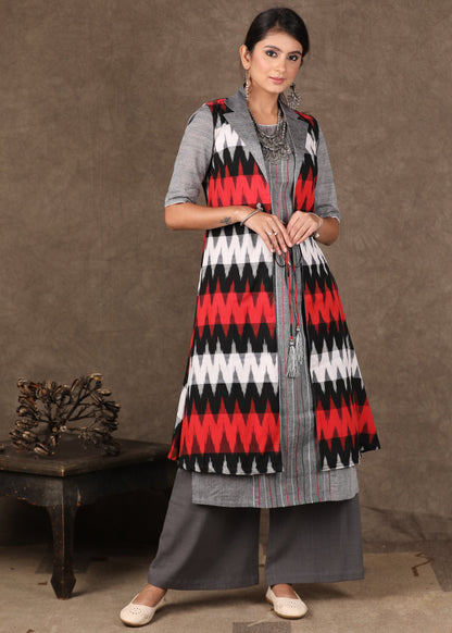 Red Grey Ikat Collared Shrug