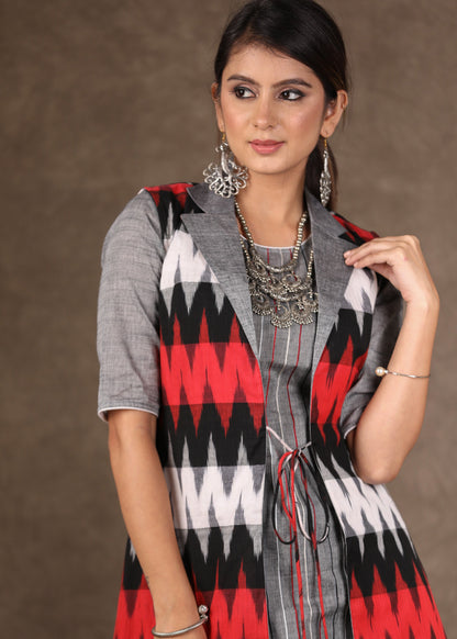 Red Grey Ikat Collared Shrug