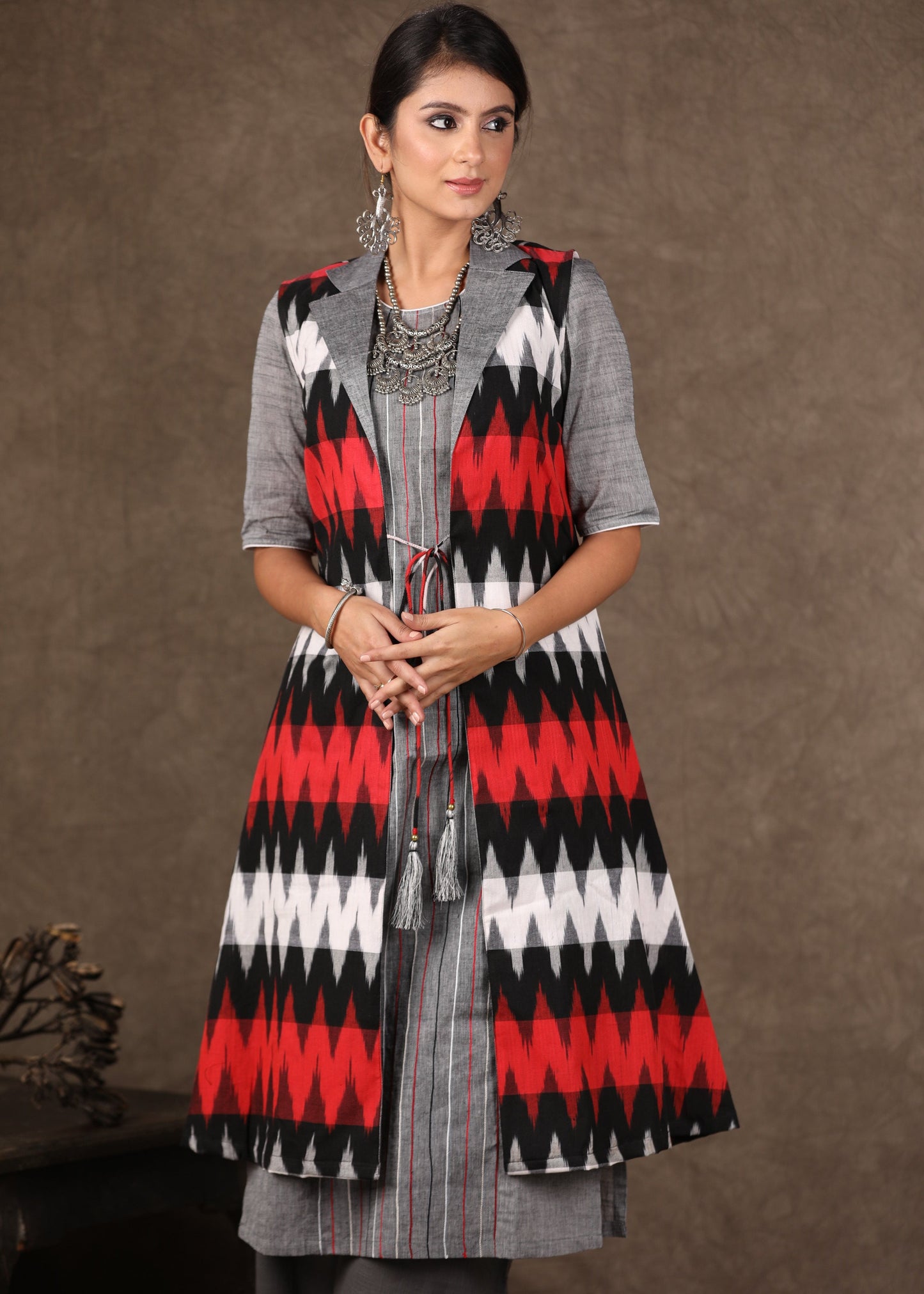 Red Grey Ikat Collared Shrug