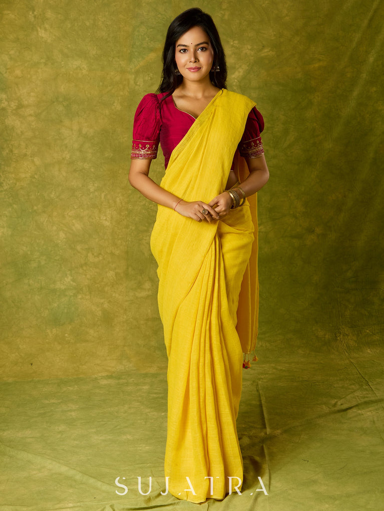 Elegant hand embroidered festive blouse in dark magenta cotton silk.