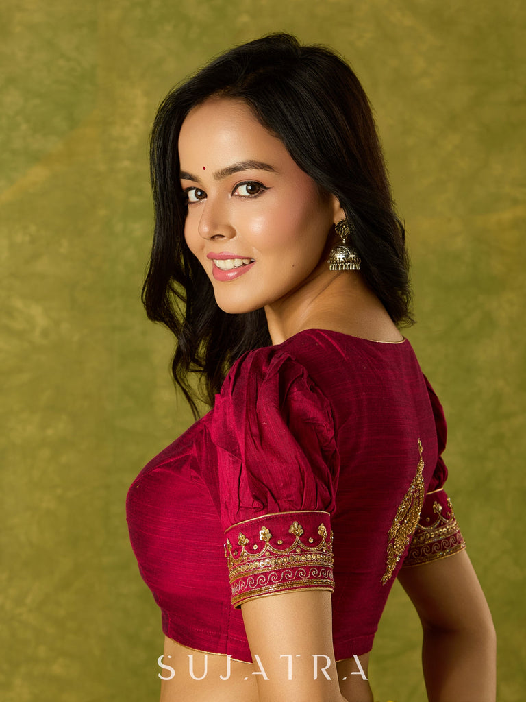 Elegant hand embroidered festive blouse in dark magenta cotton silk.