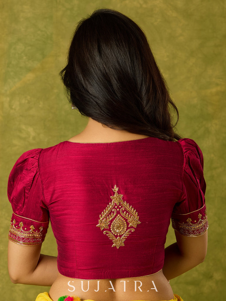 Elegant hand embroidered festive blouse in dark magenta cotton silk.
