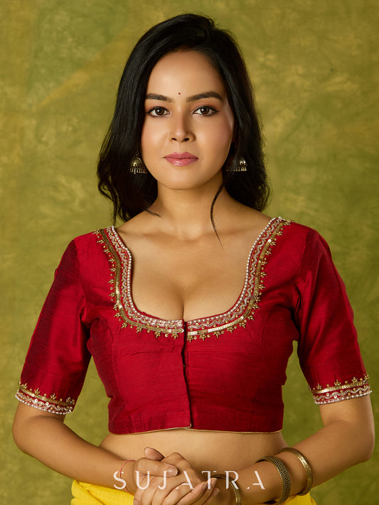 Festive hand embroidered maroon cotton silk blouse.