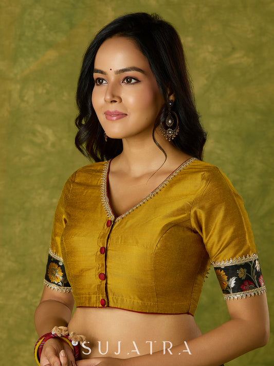 Mustard Banarasi combination blouse with a touch of tradition