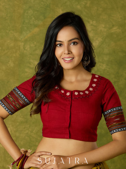 Beautiful hand-painted maroon cotton blouse with striking ikat fabric combination.