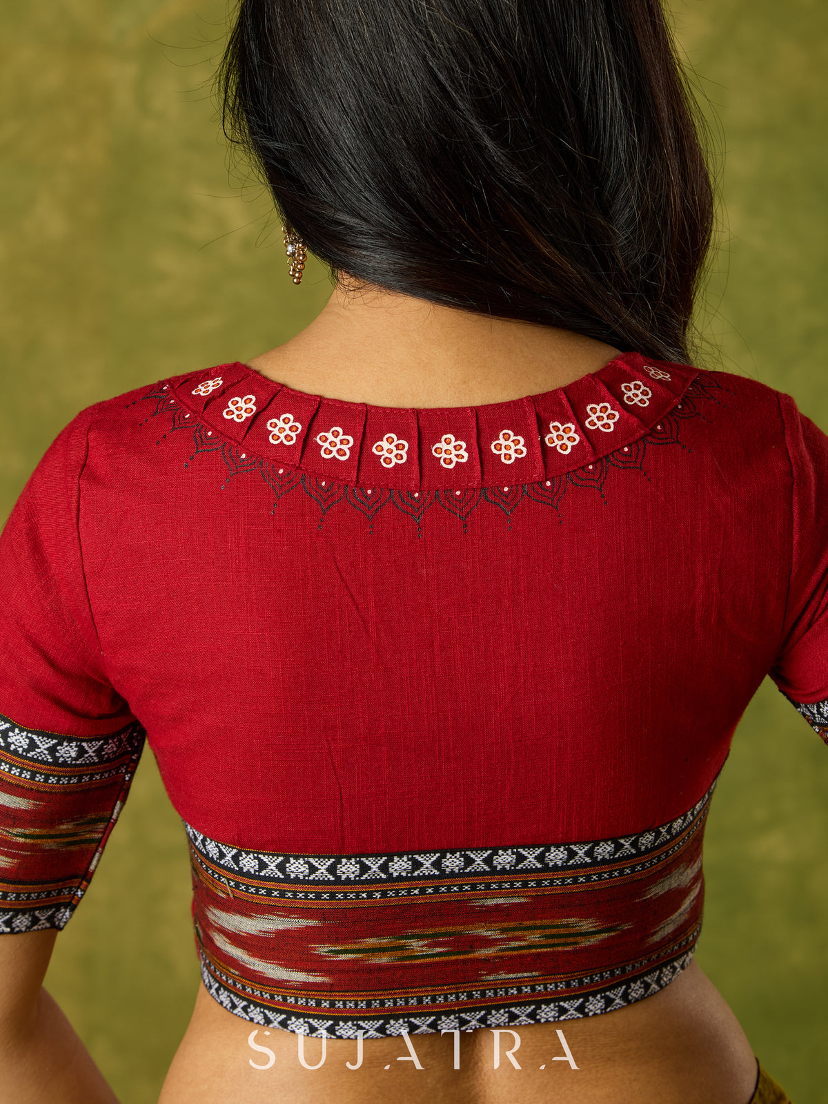 Dussehra Sale — Beautiful hand-painted maroon cotton blouse with striking ikat fabric combination.