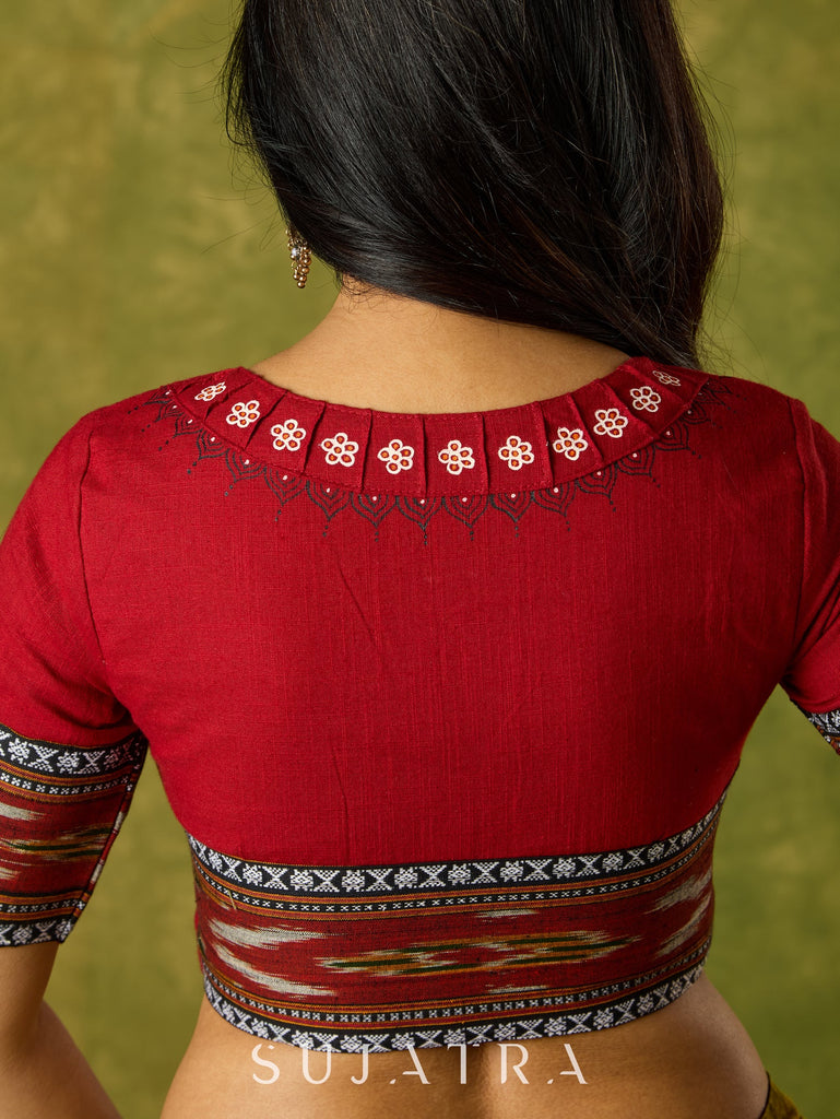 Beautiful hand-painted maroon cotton blouse with striking ikat fabric combination.