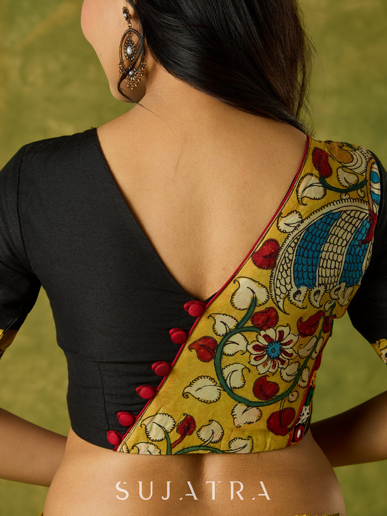 Elegant black cotton silk blouse with kalamkari and mirror highlights
