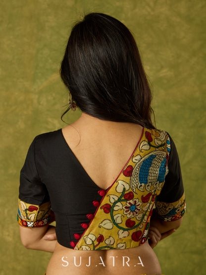 Elegant black cotton silk blouse with kalamkari and mirror highlights