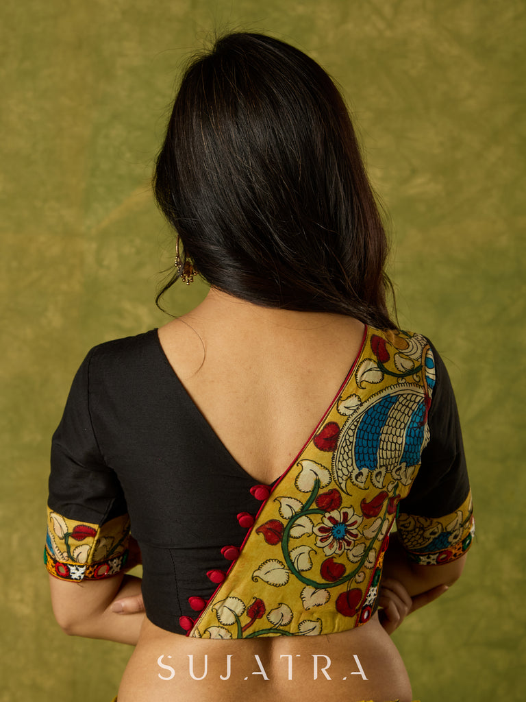 Elegant black cotton silk blouse with kalamkari and mirror highlights