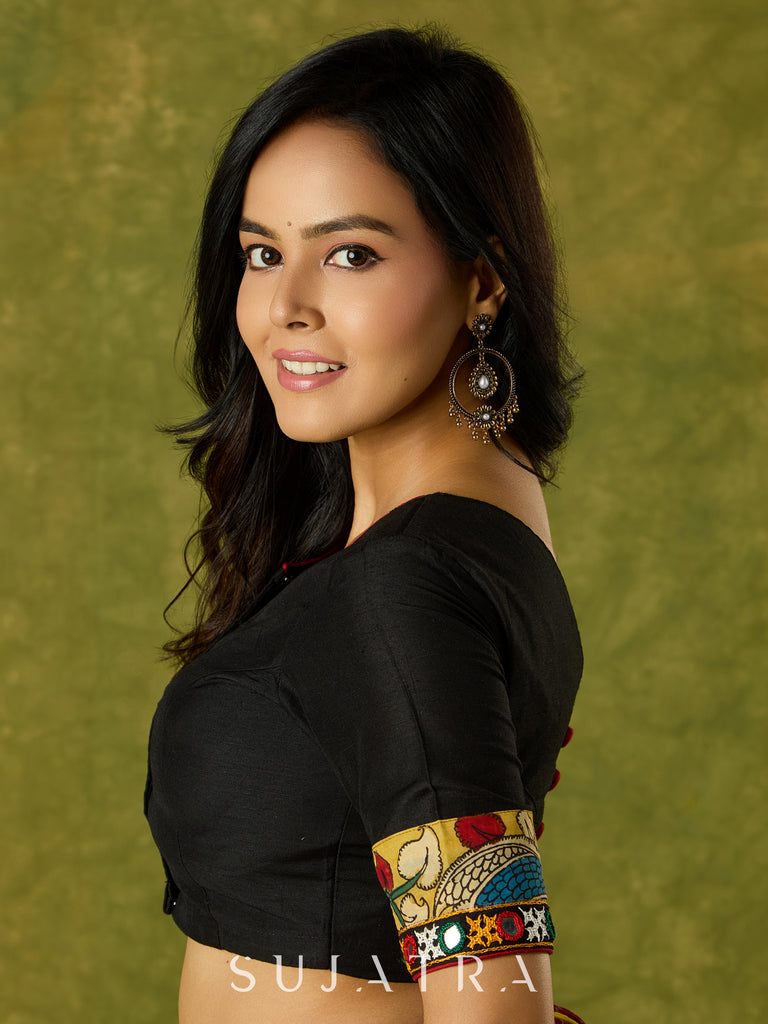 Elegant black cotton silk blouse with kalamkari and mirror highlights