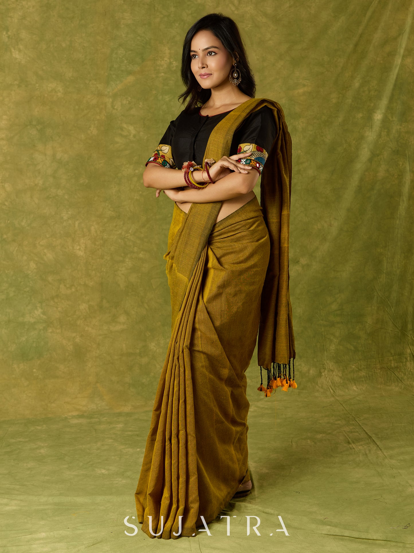 Elegant black cotton silk blouse with kalamkari and mirror highlights