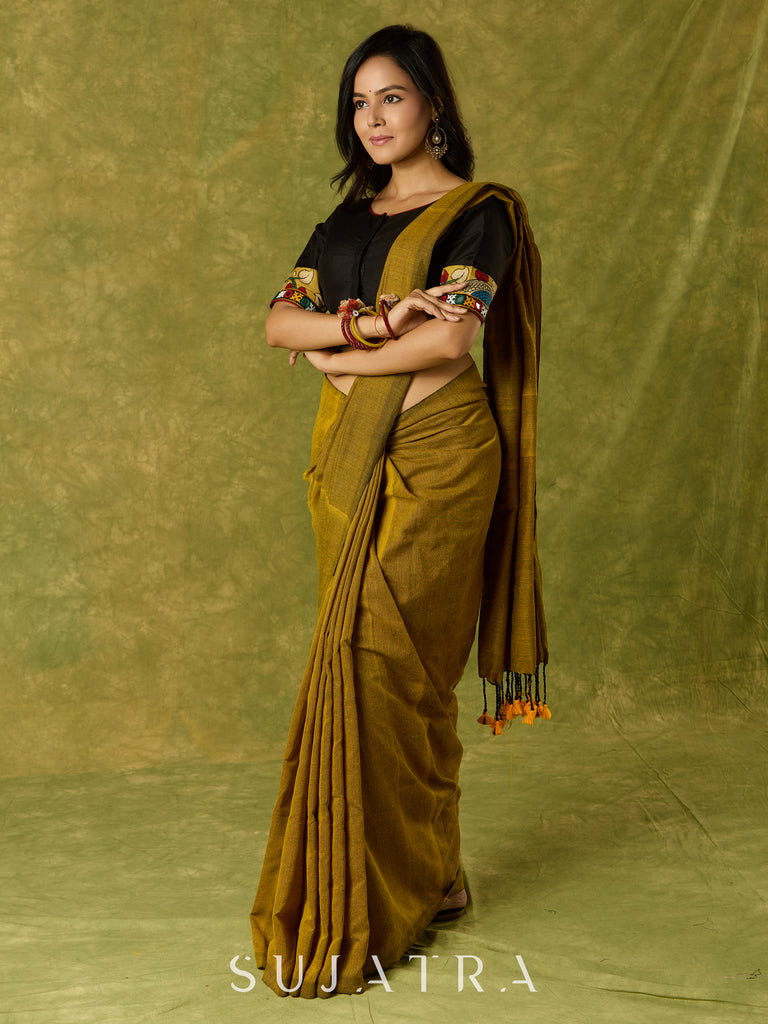 Elegant black cotton silk blouse with kalamkari and mirror highlights