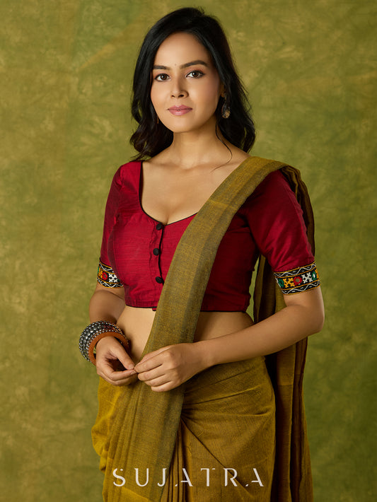 Rich maroon cotton blouse with intricate Kutch mirror embroidery