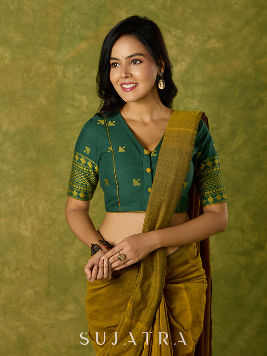 Festive green Jamdani cotton blouse with elegant woven detailing
