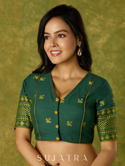 Festive green Jamdani cotton blouse with elegant woven detailing